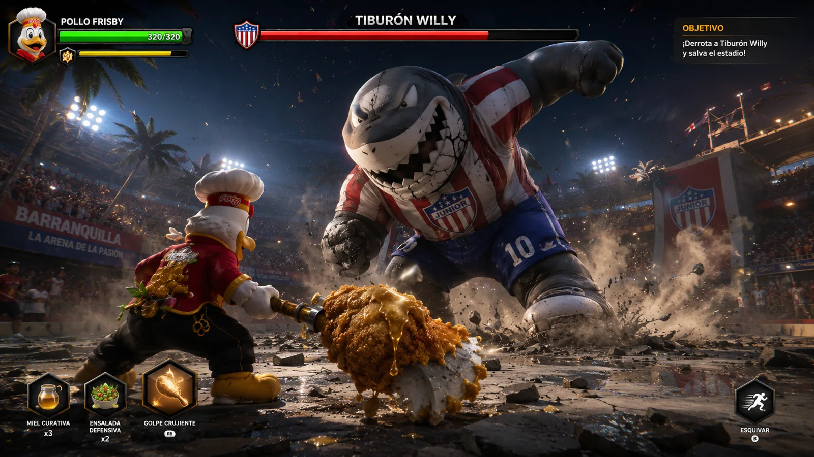 Frisby contra Tiburón Willy en una arena de combate